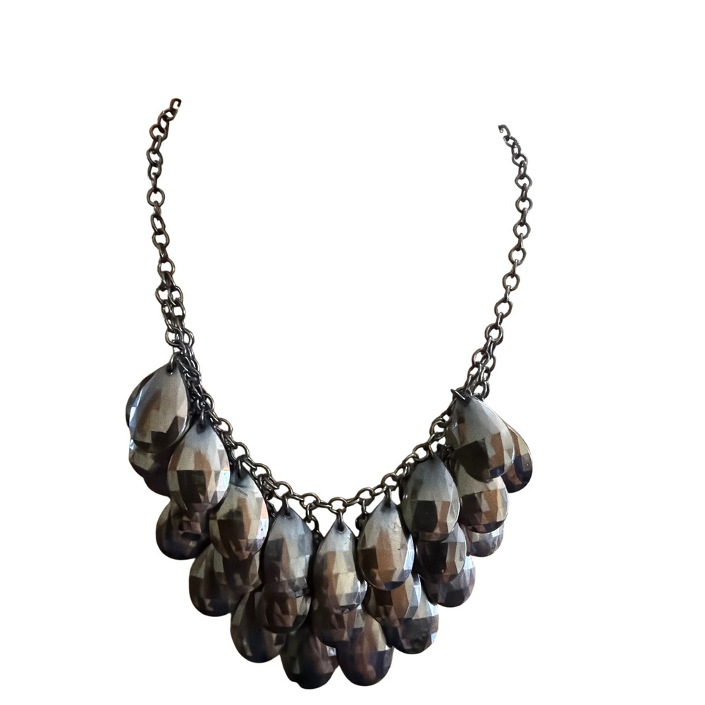 Gunmetal Tone Faceted Teardrop Bib Statement Necklace Adjustable Chain